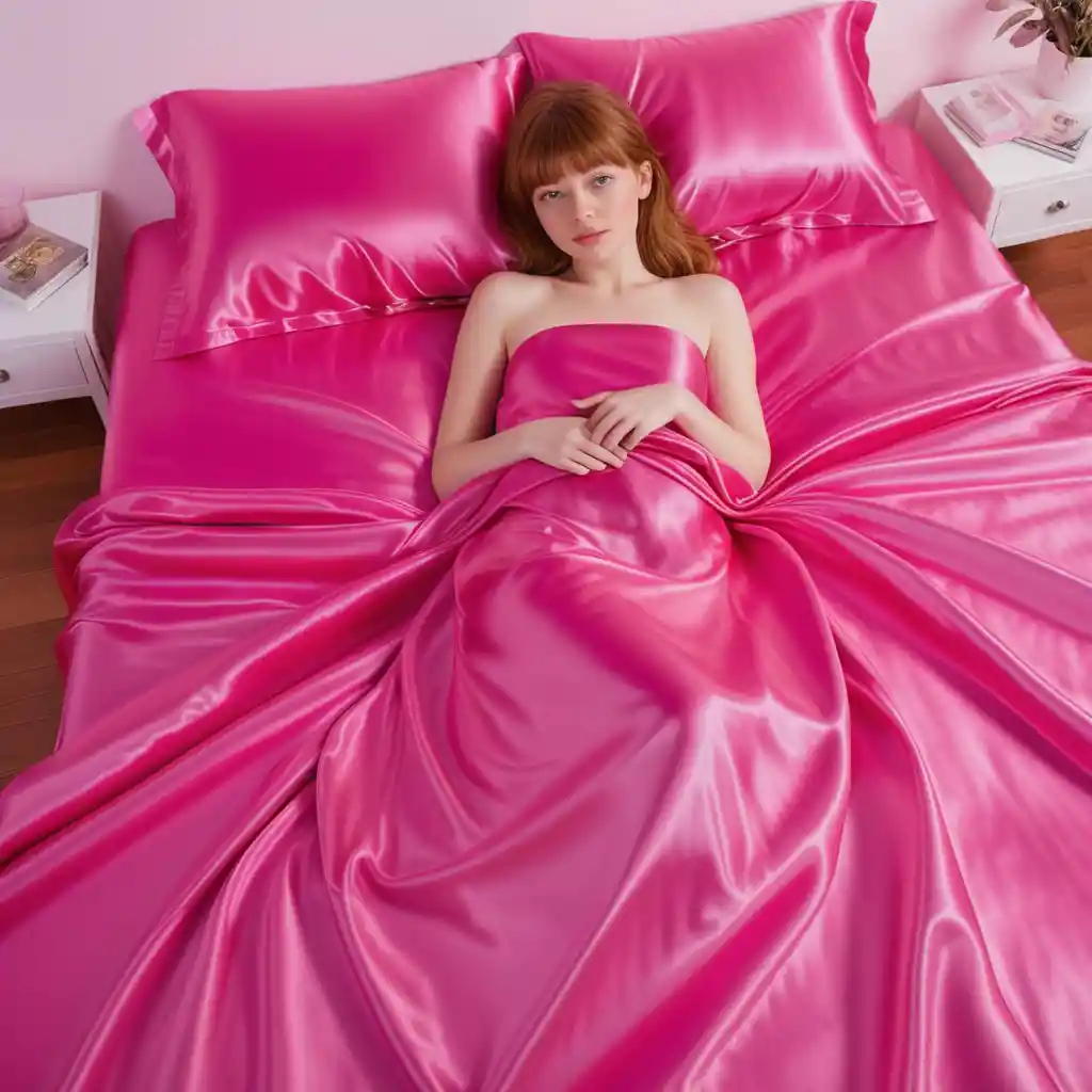 Beautiful woman lying on hot pink satin bed sheets