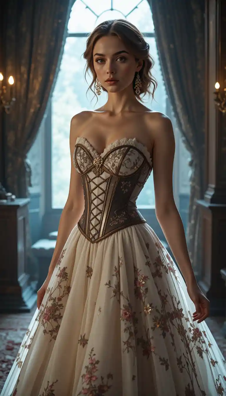 Elegant woman in corset ball gown in gothic interior