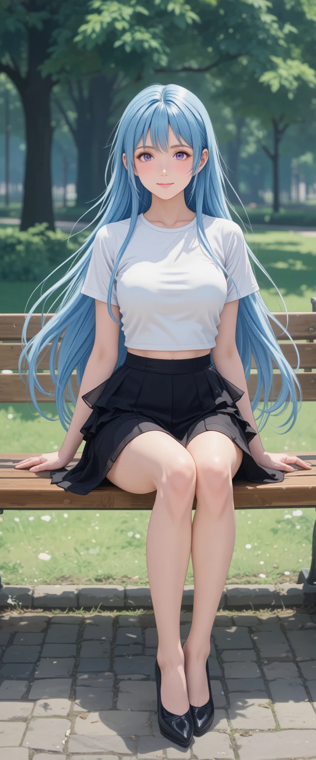 파란 머리 애니메이션 소녀가 공원 벤치에 앉아 있는 모습