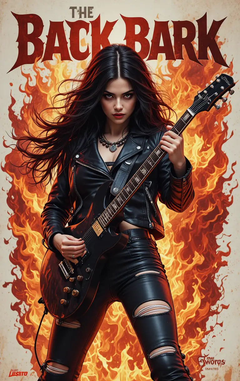 Rebellious woman guitarist in black leather amid blazing flames