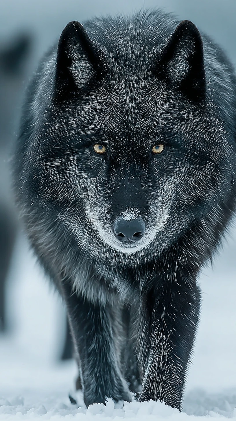 Black wolf walking through pristine snow toward the viewer