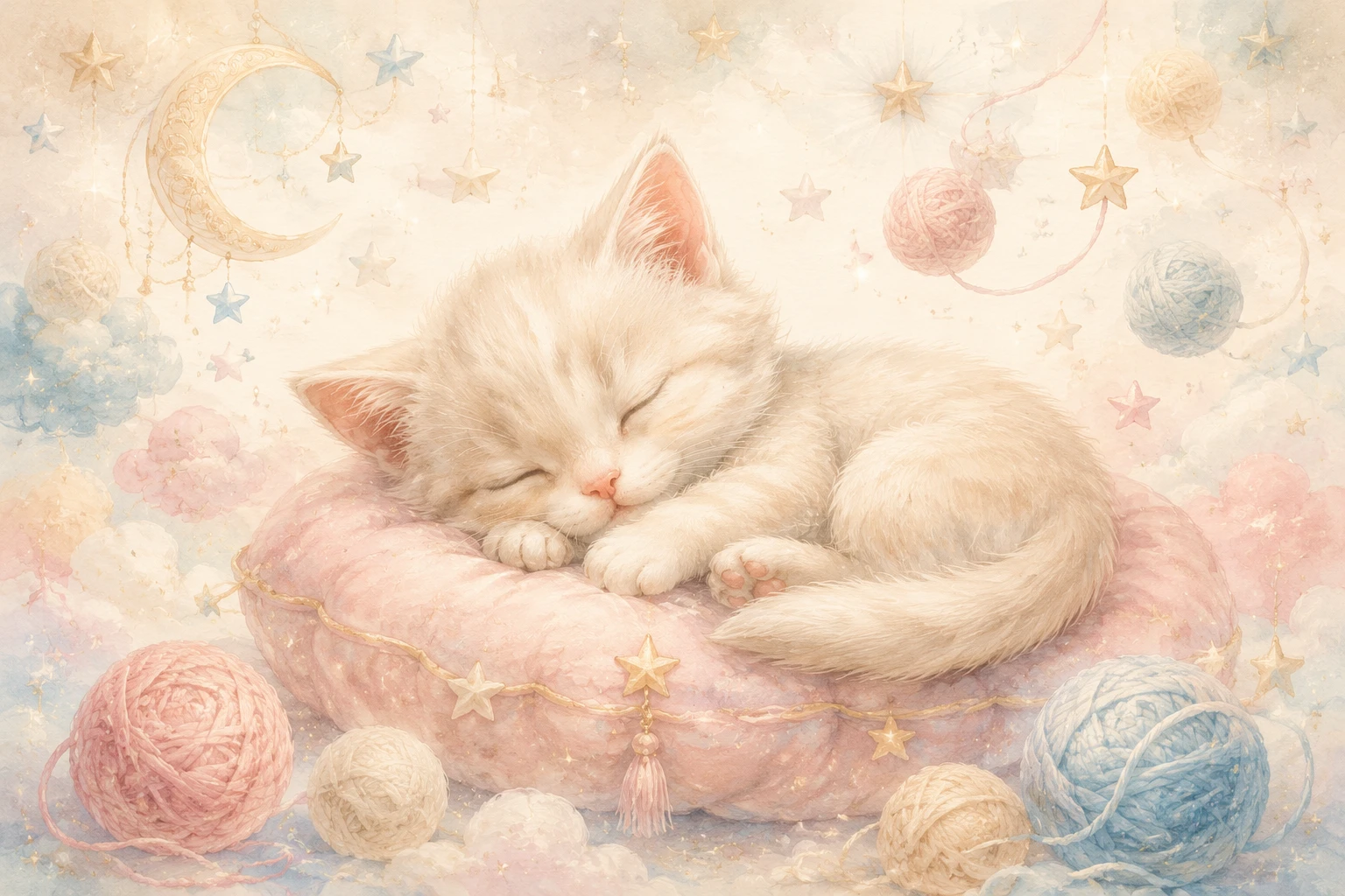 Sleeping cream kitten on pastel nursery cushion illustration
