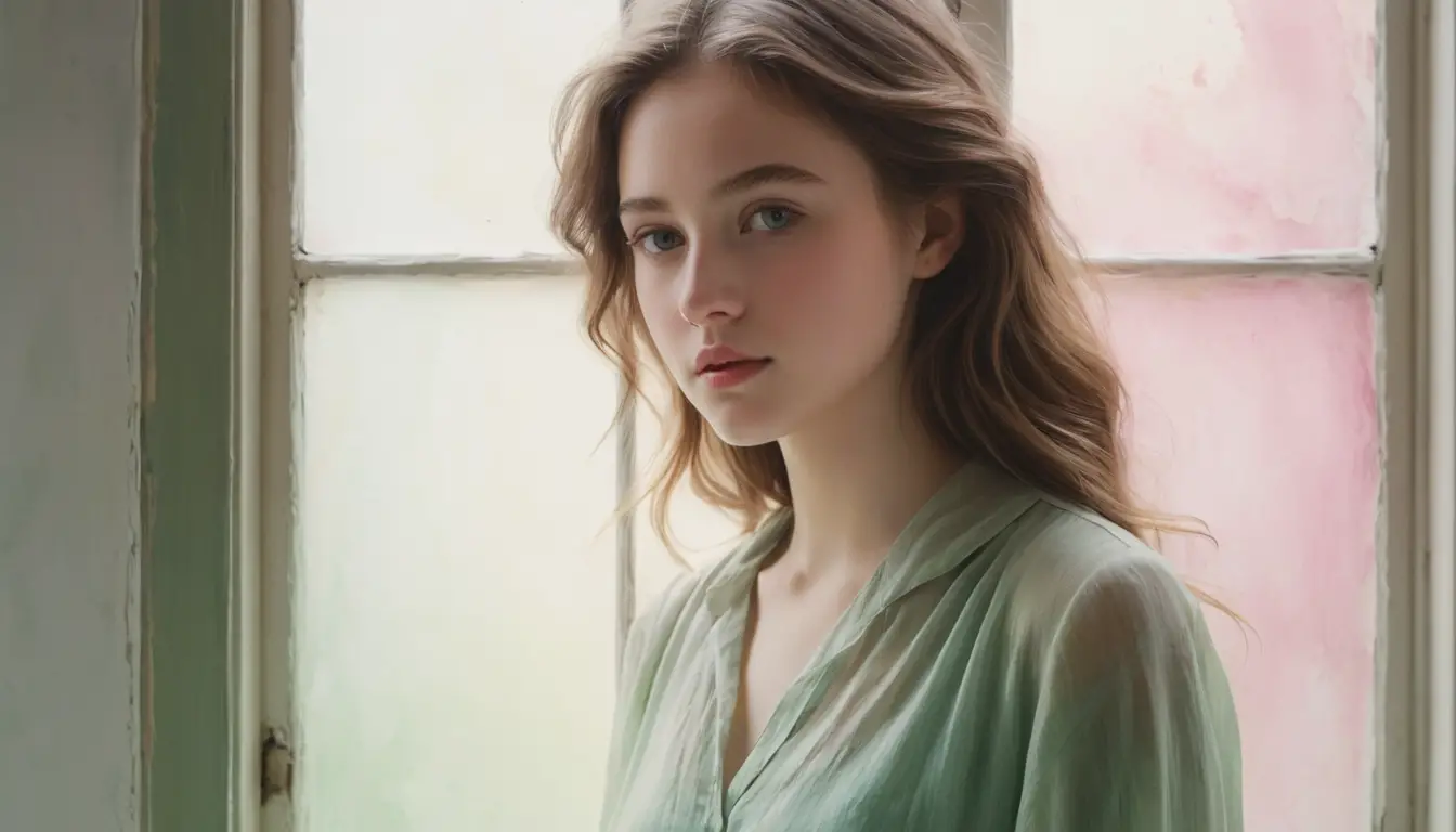 Watercolor girl walking through a corridor of glass clocks