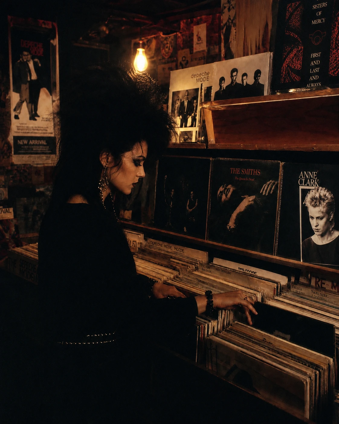Mujer gótica buscando discos en una tienda underground de los años 80