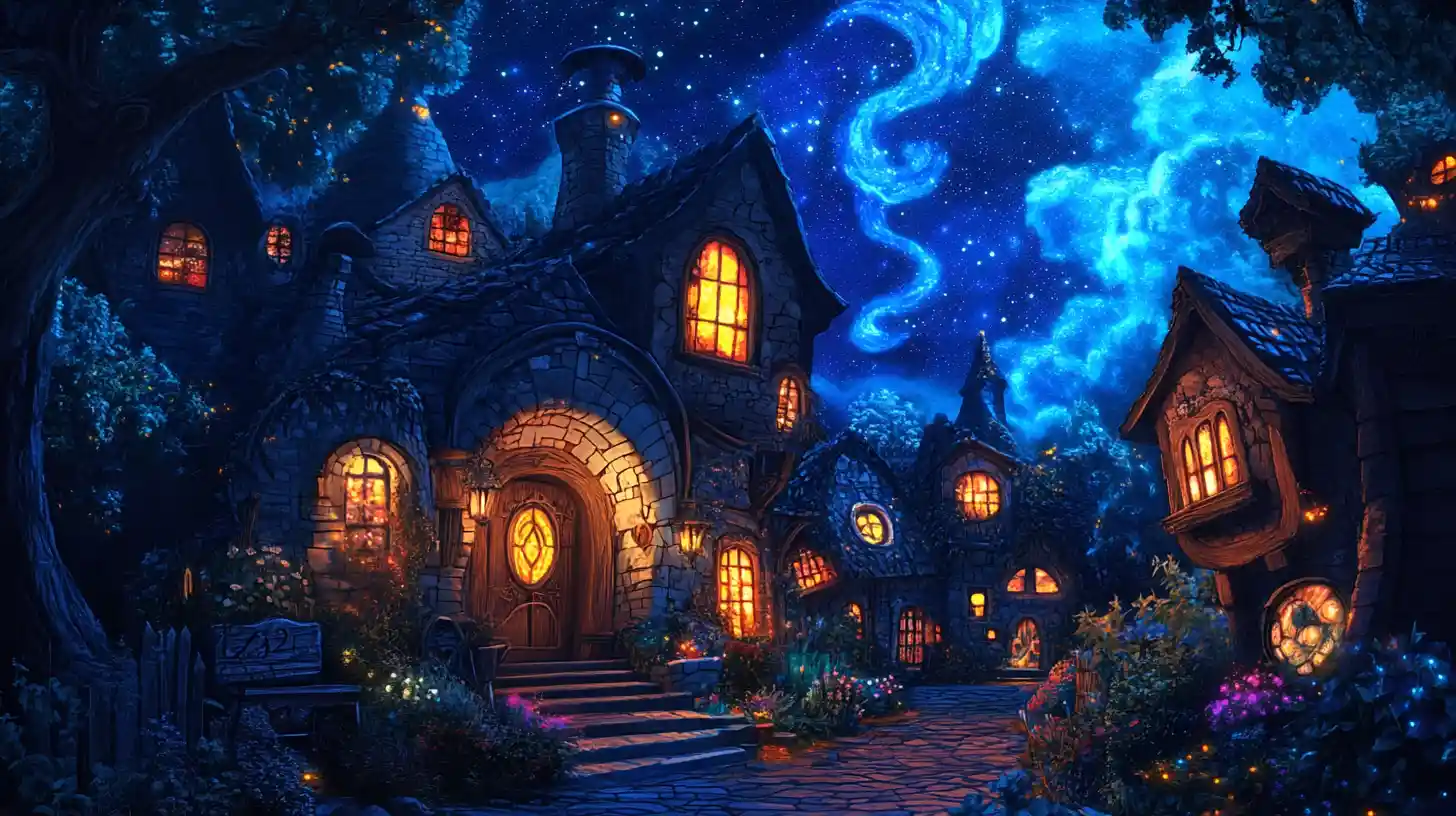 Fantasy village under a deep blue starry night sky