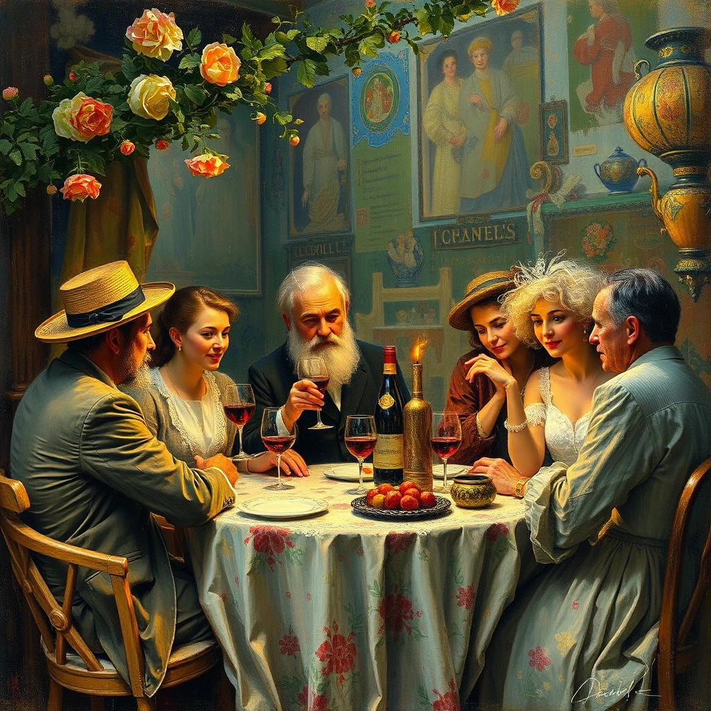 Impressionist painting of Monet celebrating with close friends