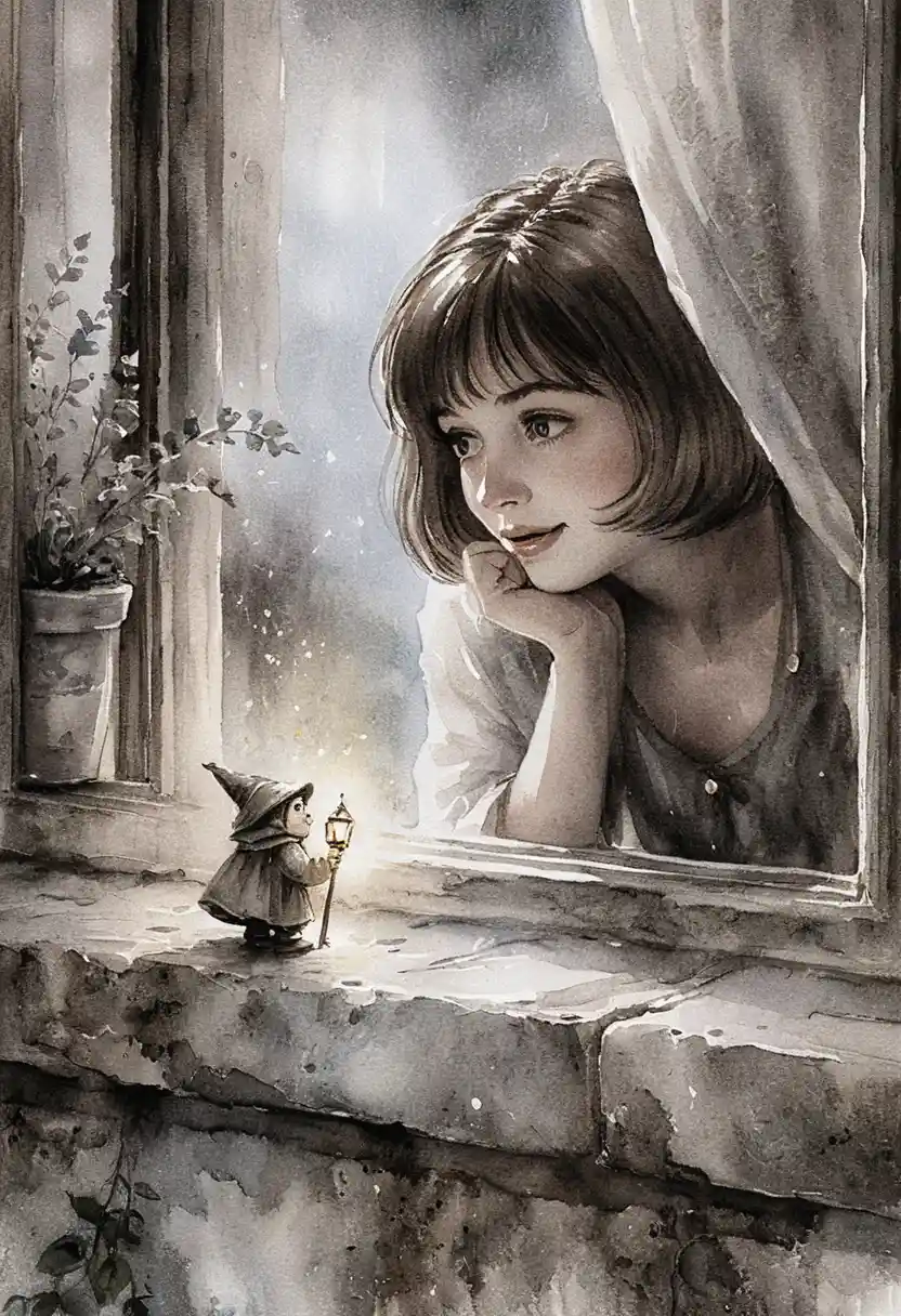 Girl watching a tiny gnome at an old stone window