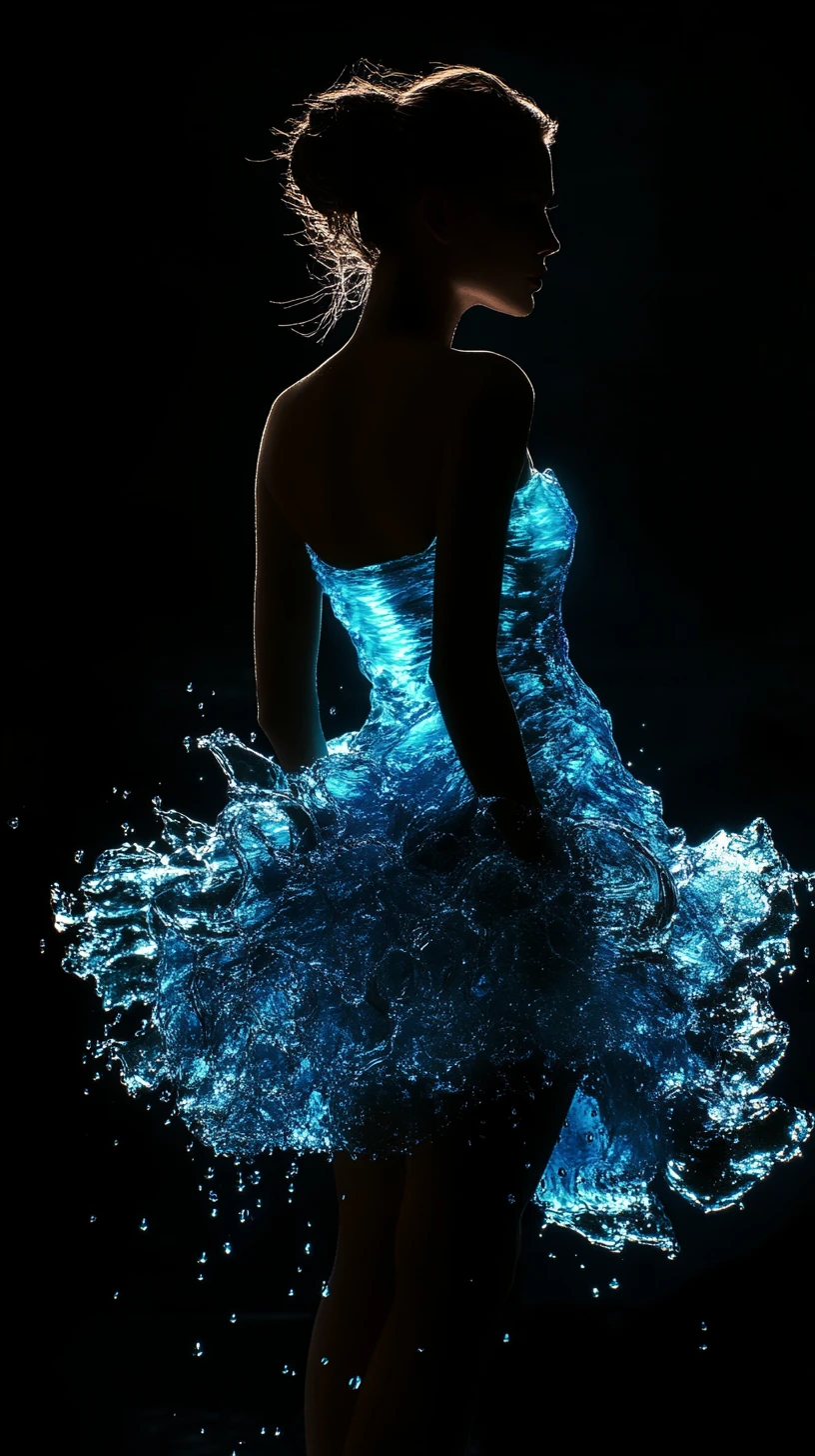Woman in glowing blue water dress against black background