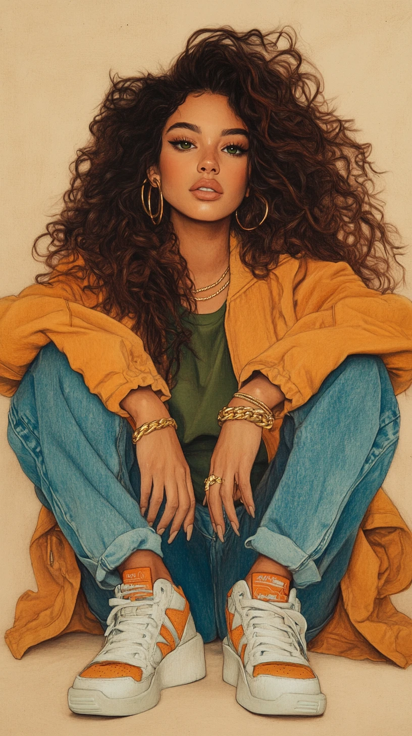 Confident young woman seated with wide pose and curls