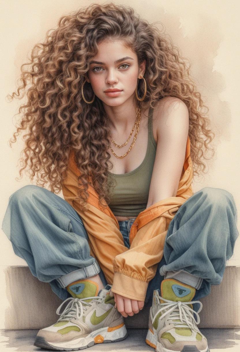 Confident young woman seated with wide pose and curly hair