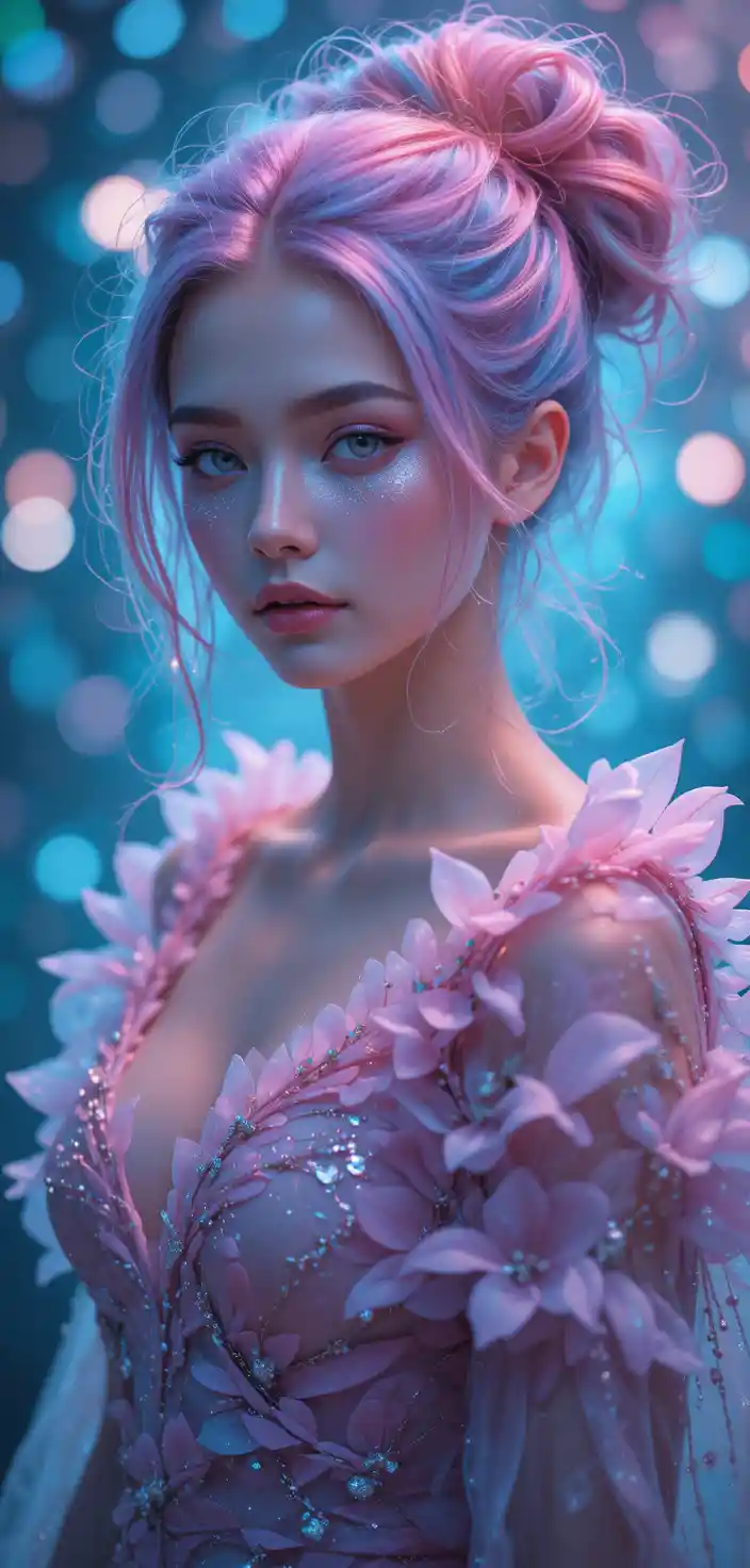 Dreamy fantasy woman portrait with iridescent pastel hair