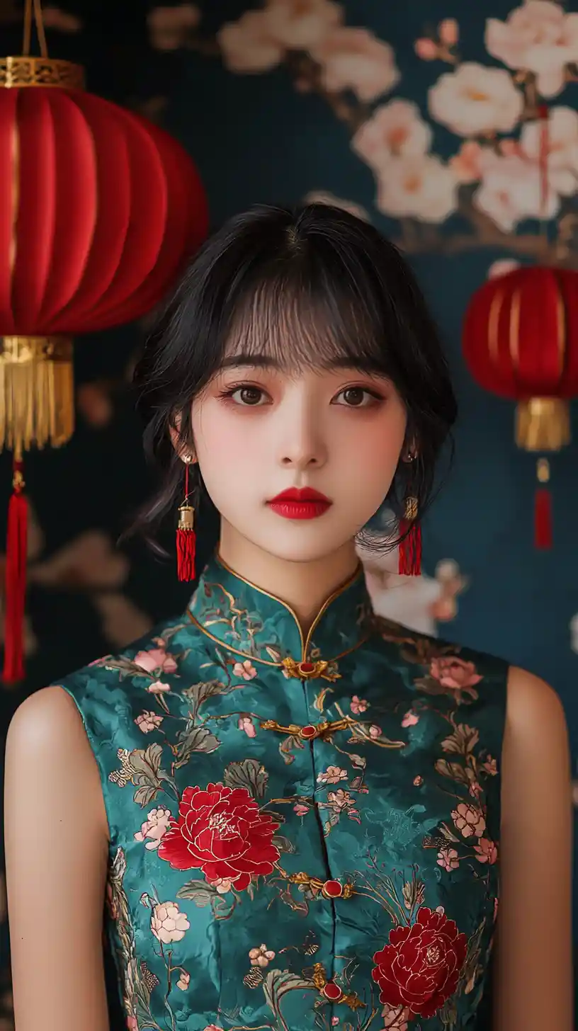 Elegant girl in teal qipao with floral lantern background