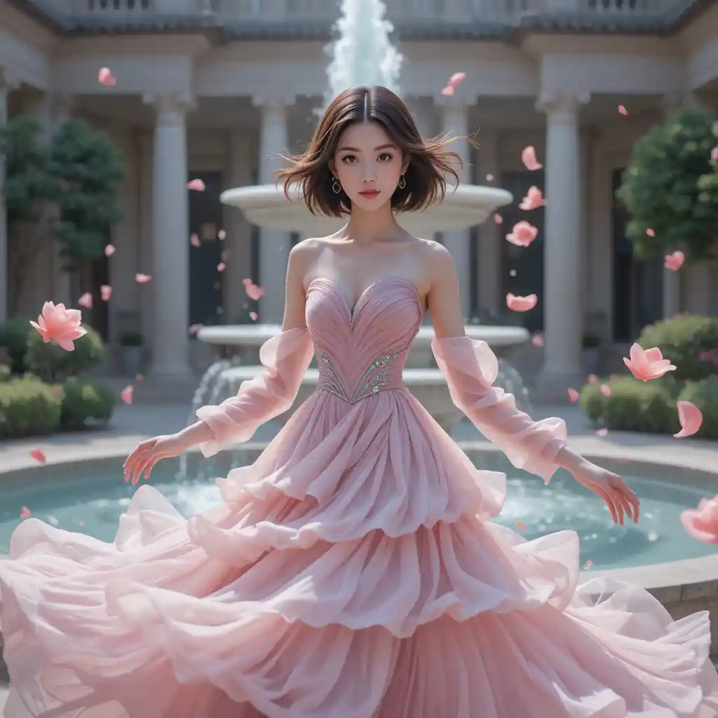 Korean college girl twirling in flowing rose voile skirt