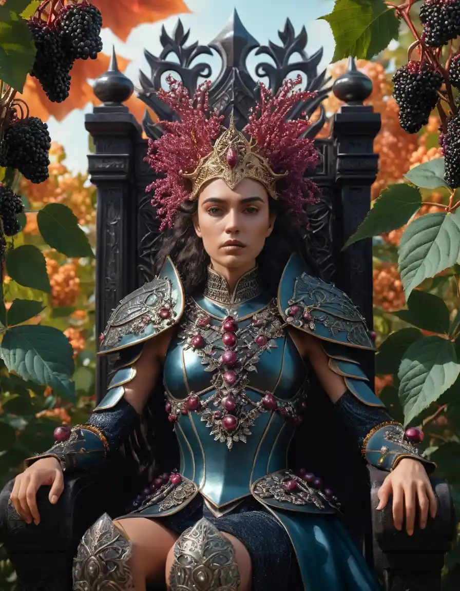 Warrior queen on a surreal throne surrounded by elderberries