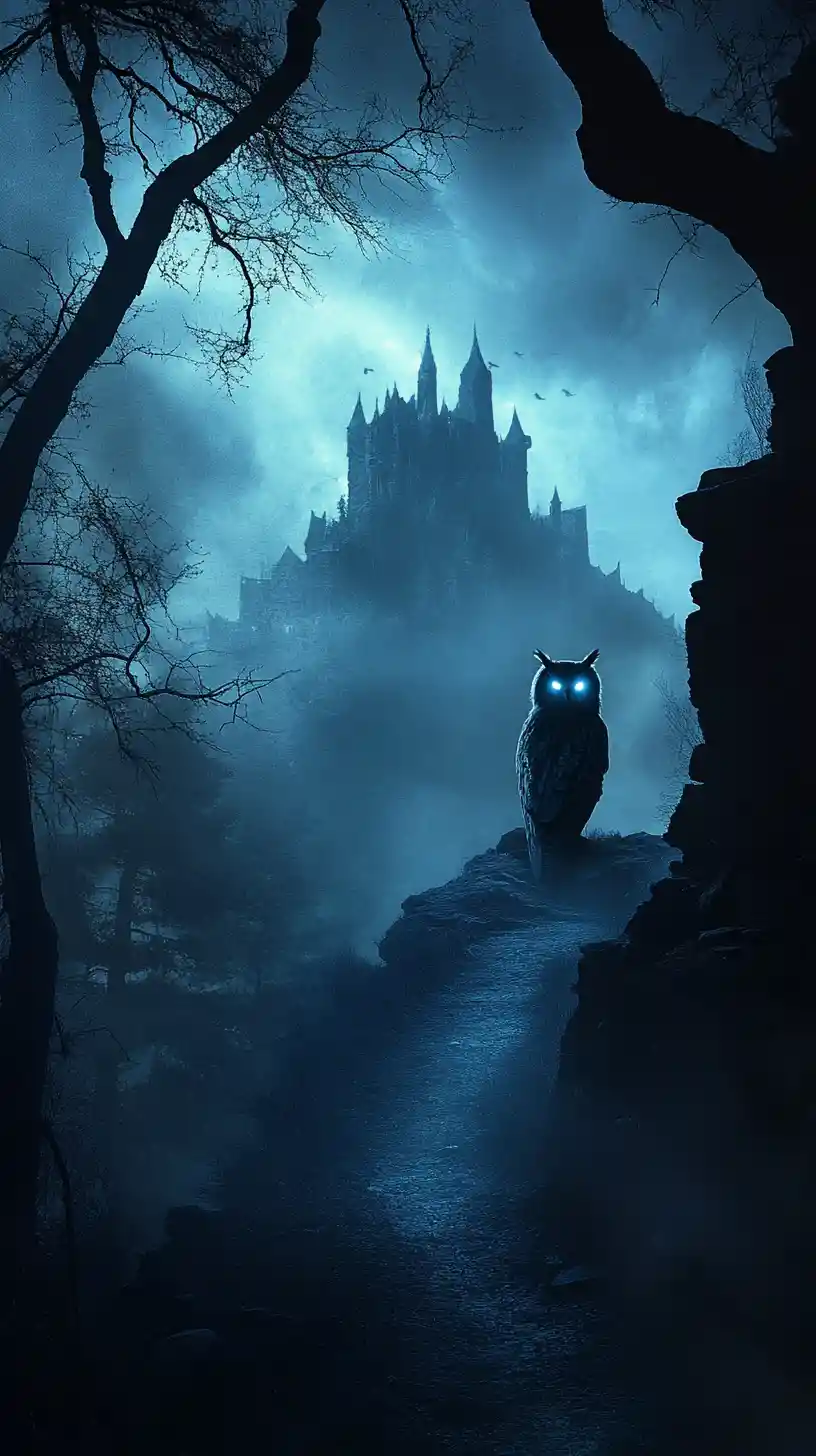 Geisterhafte Eule über Schloss in düsterer Fantasy-Landschaft