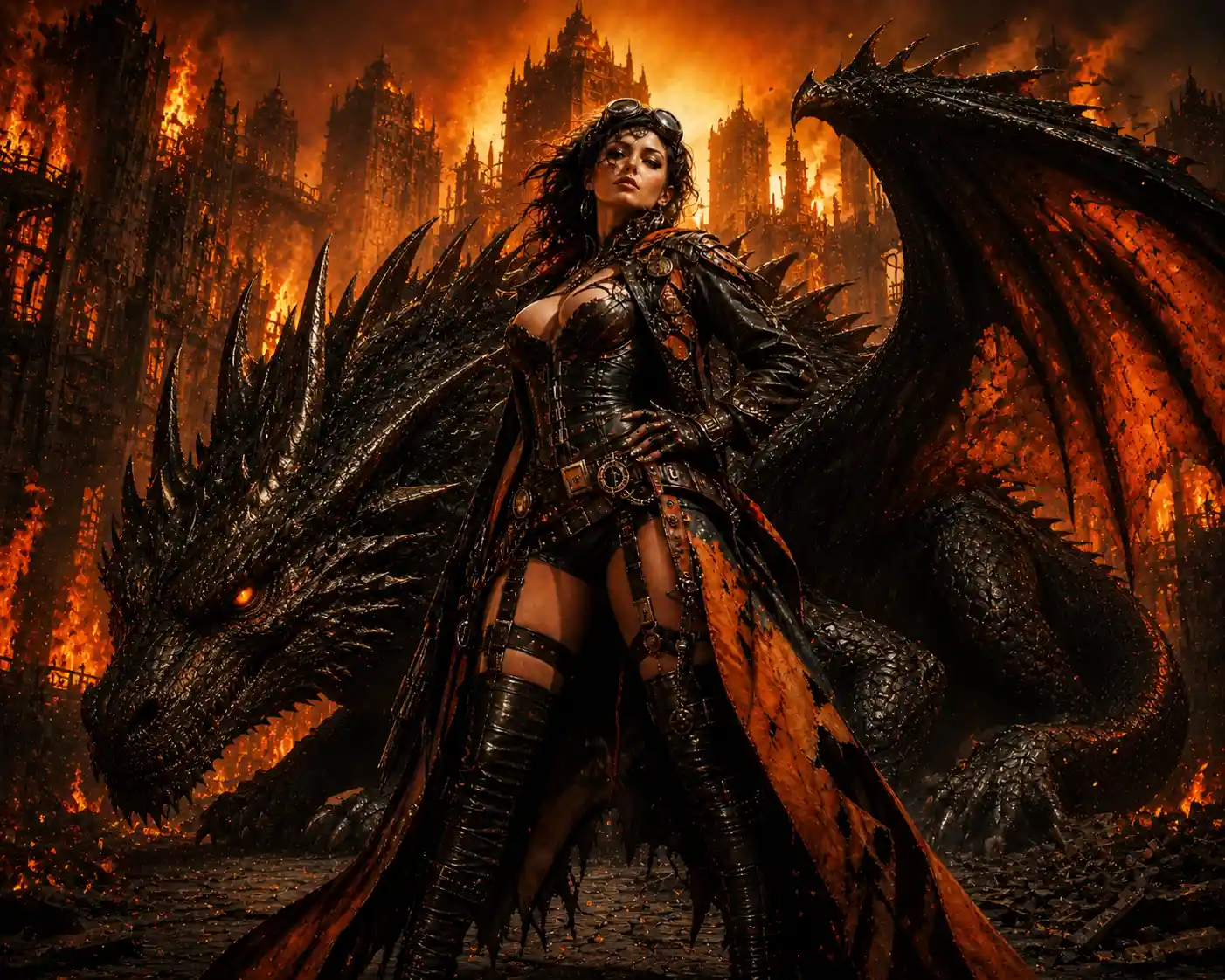Dragon rider standing before her beast in ruined world