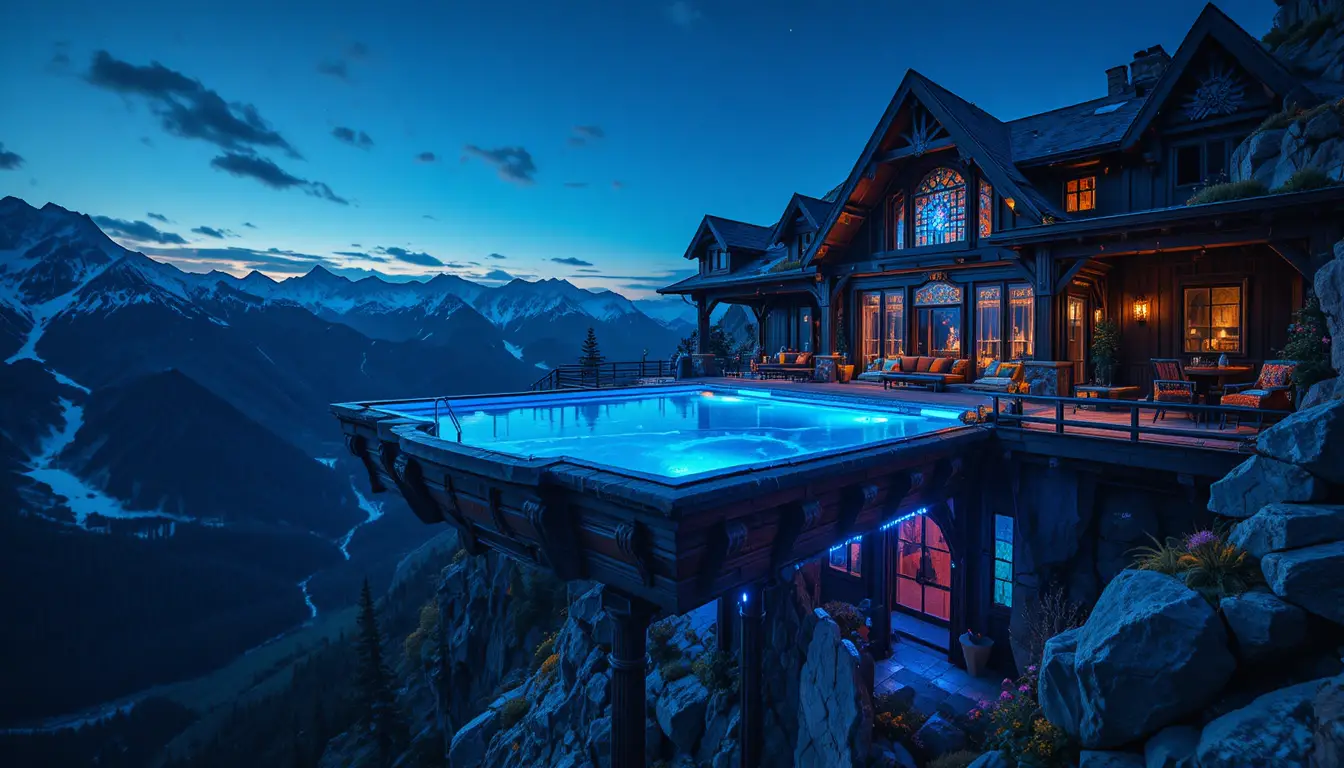 Luxury mountain estate with sky pool above rocky peaks