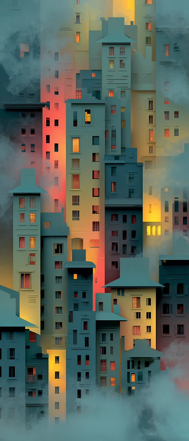 Layered papercut city skyline with neon foggy atmosphere