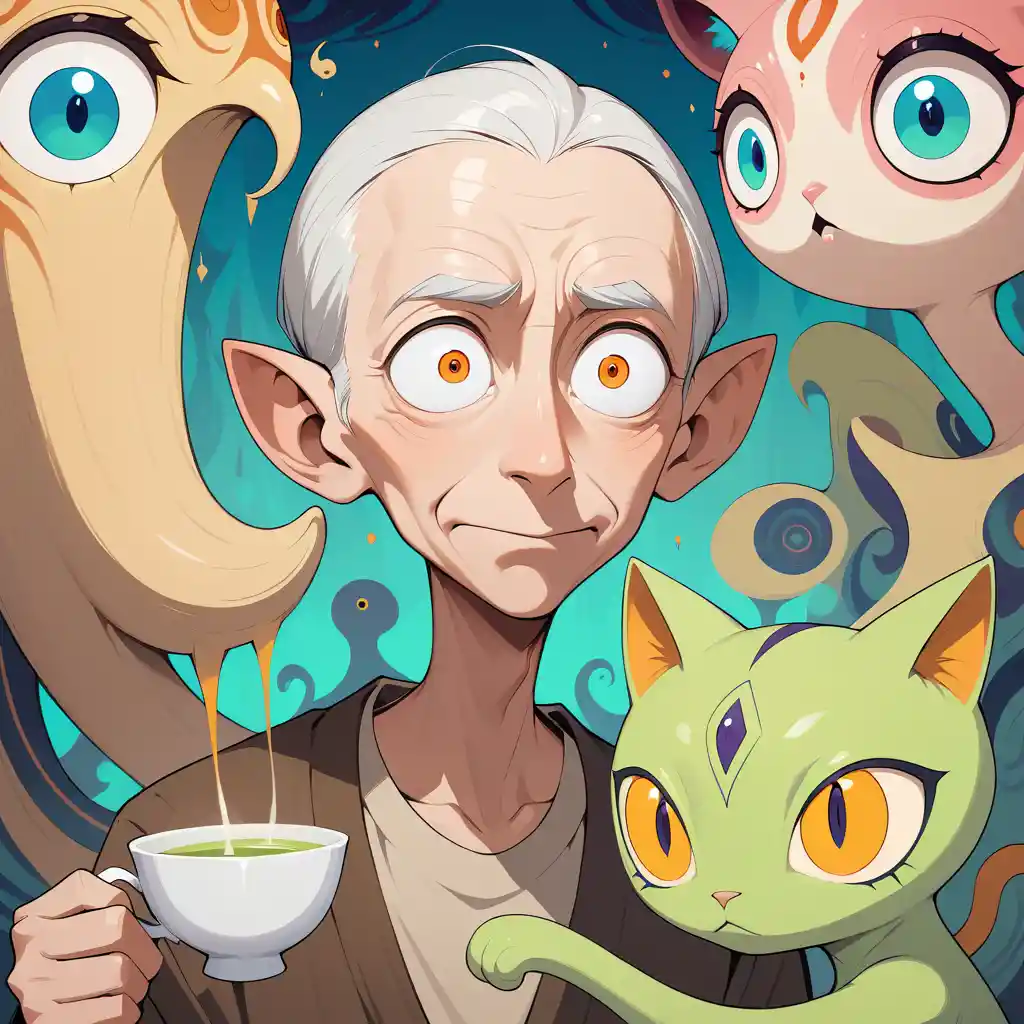 Surreal portrait of long neck old man with giant teacup