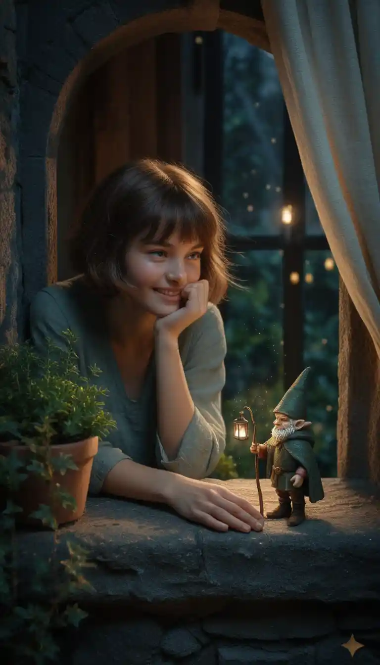Young woman at stone window with tiny wizard lantern