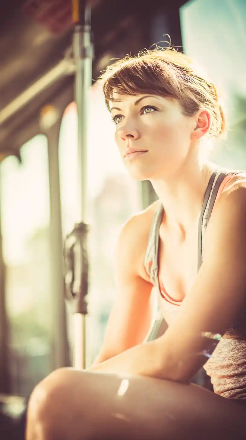 Cinematic morning portrait of a woman riding the bus