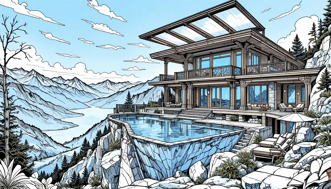 Luxury mountain estate with sky pool above rocky peaks