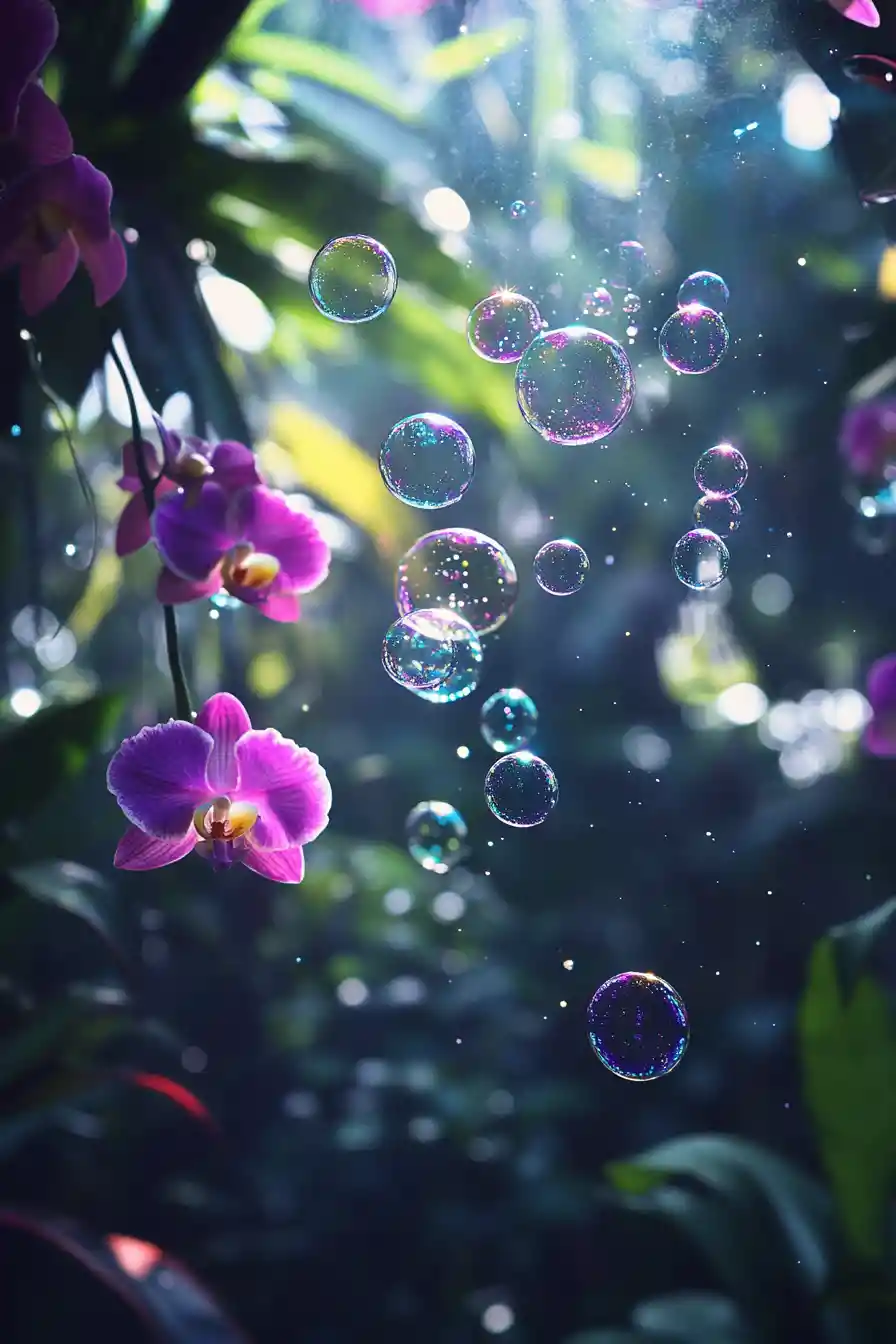 Glowing Orchid In A Misty Rainforest With Floating Bubbles