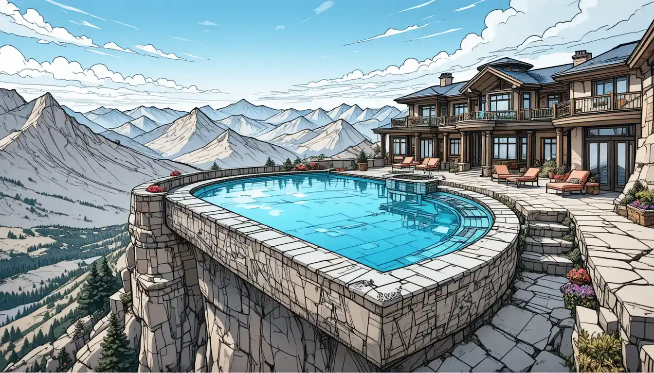 Luxury mountain estate with sky pool above rocky peaks