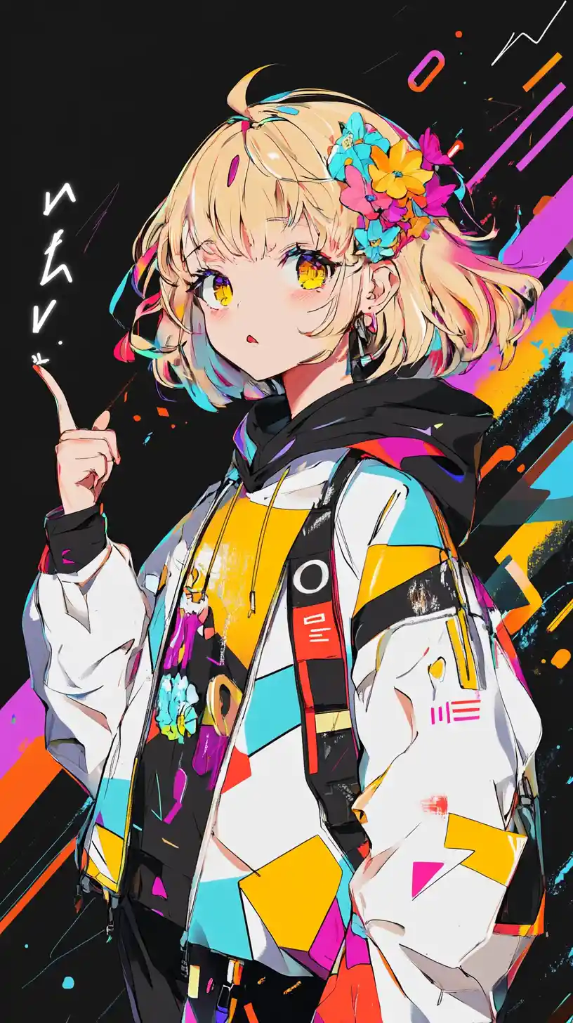 Anime girl with flowers in hair on bold graphic background