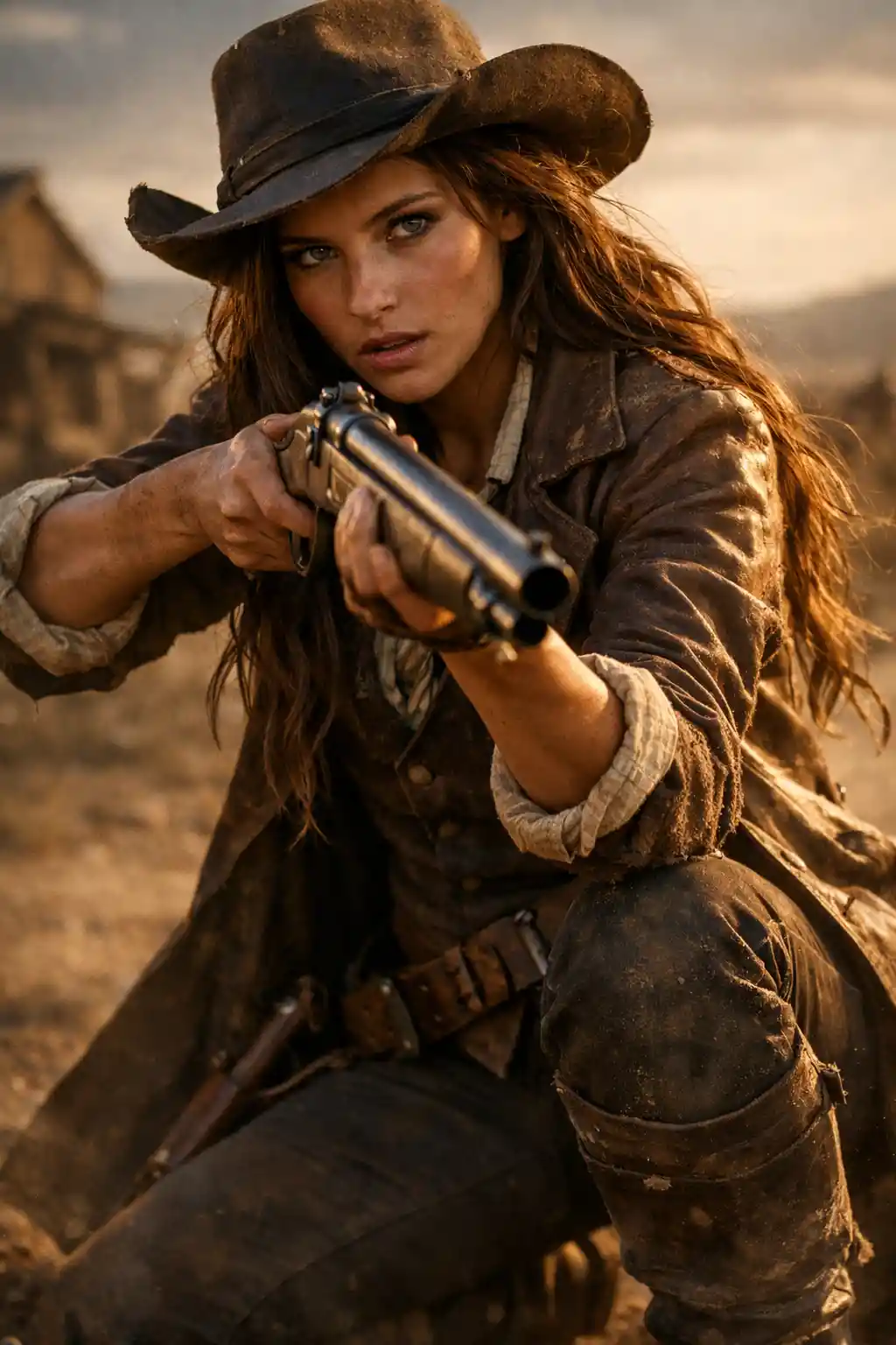 Young frontier woman aiming a shotgun at golden hour