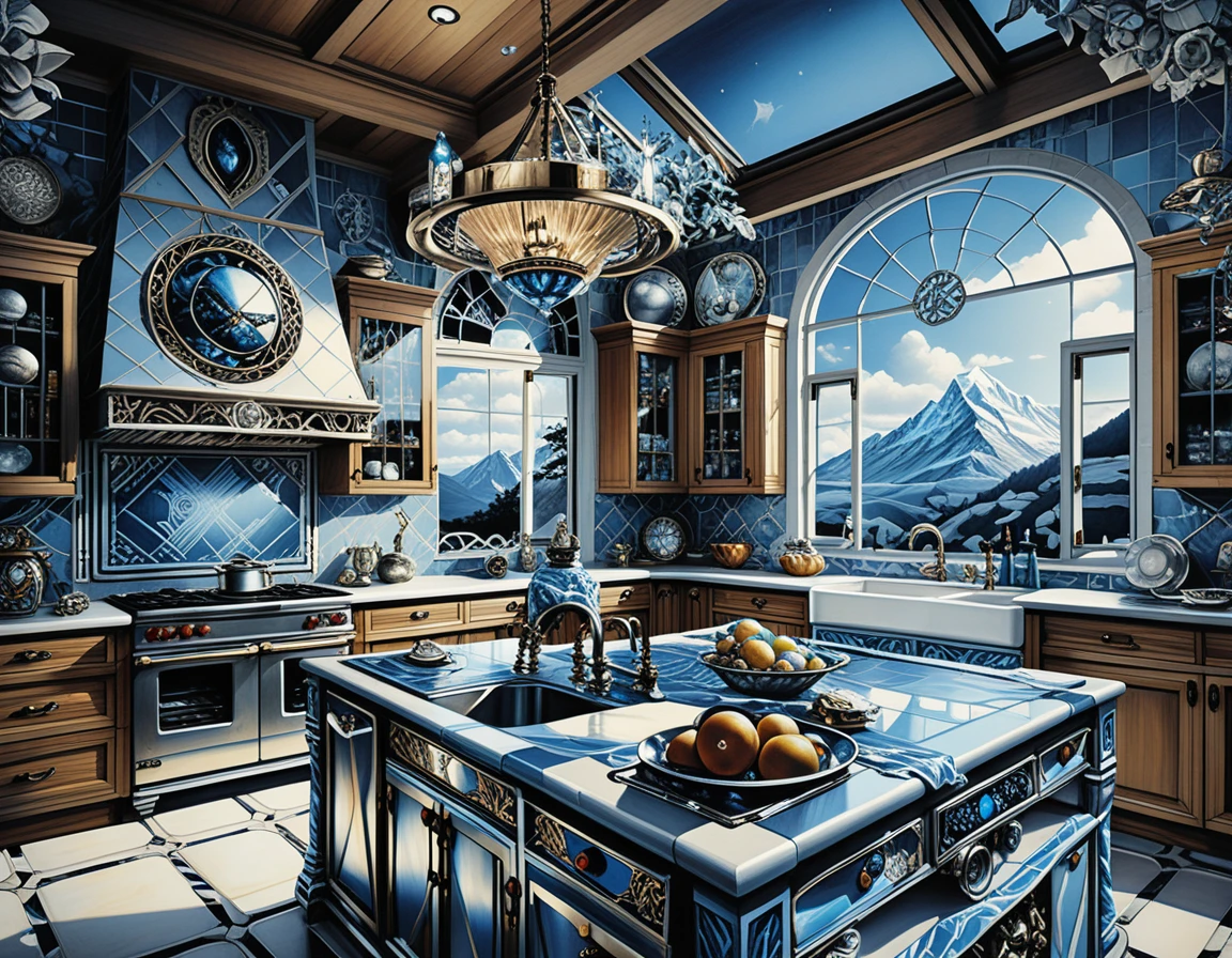Colorful boho fantasy kitchen with dark wood and stone