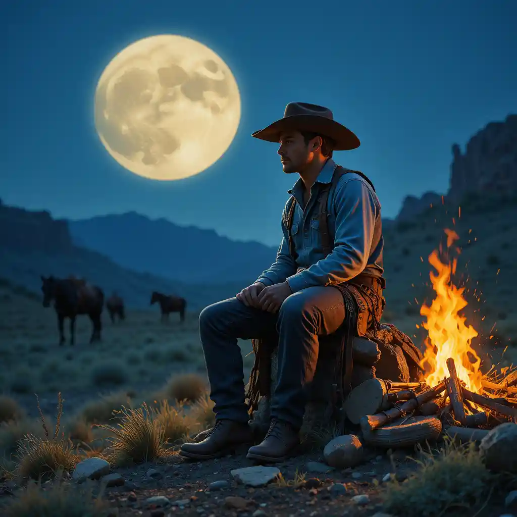 Young cowboy on the open range with horse and cattle
