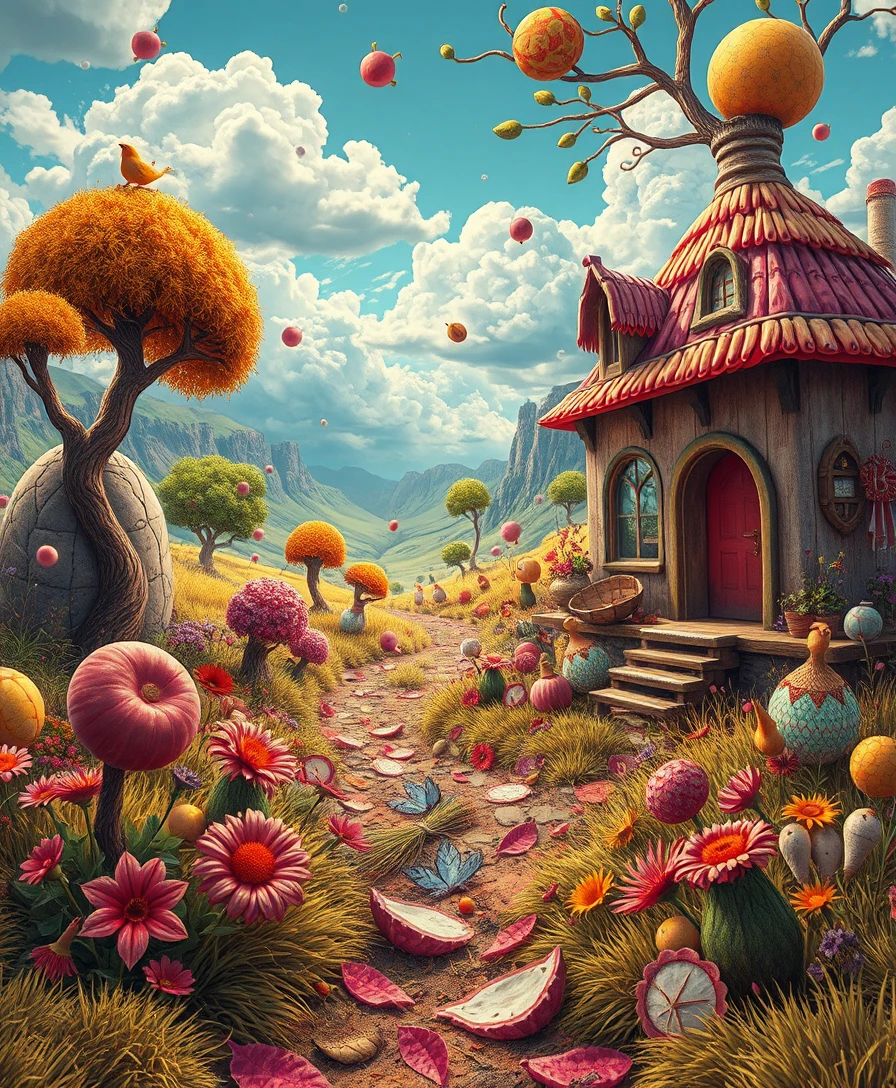 Whimsical popsurreal dreamscape with surreal central figure