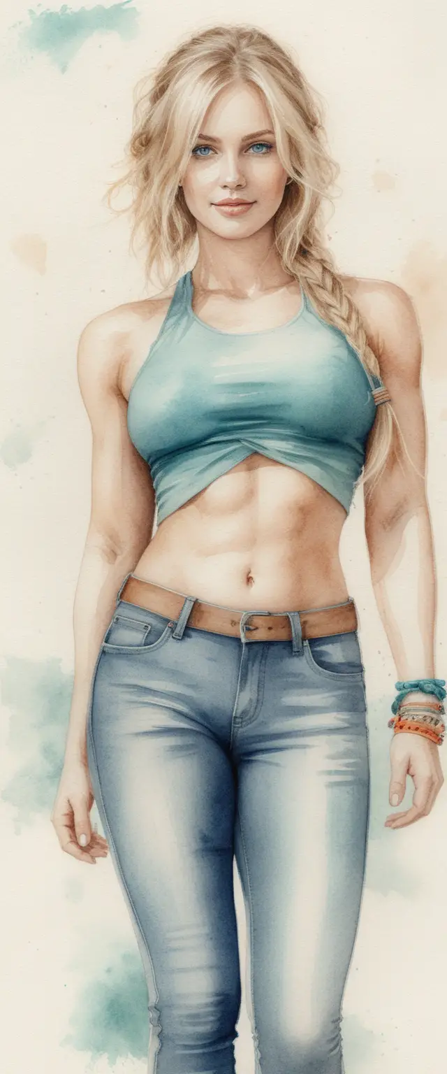 Athletic blonde woman in turquoise top in outdoor crowd drawing