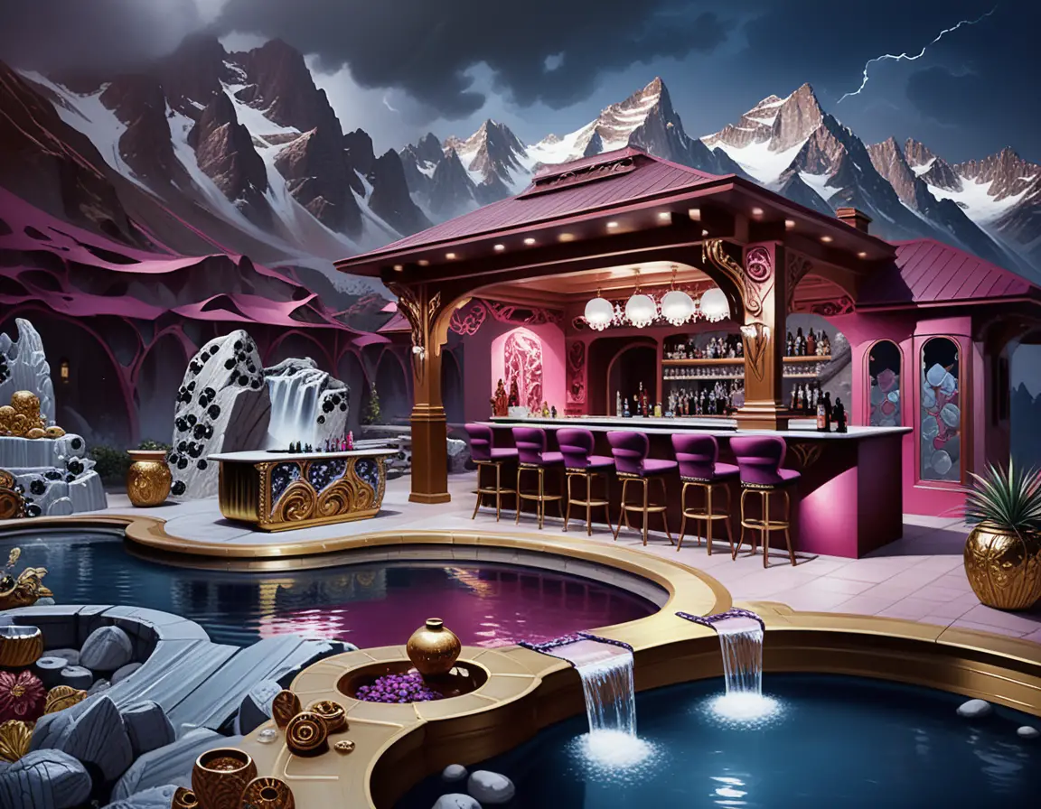 Mystical mountain lounge bar with crystal filled cocktail pool