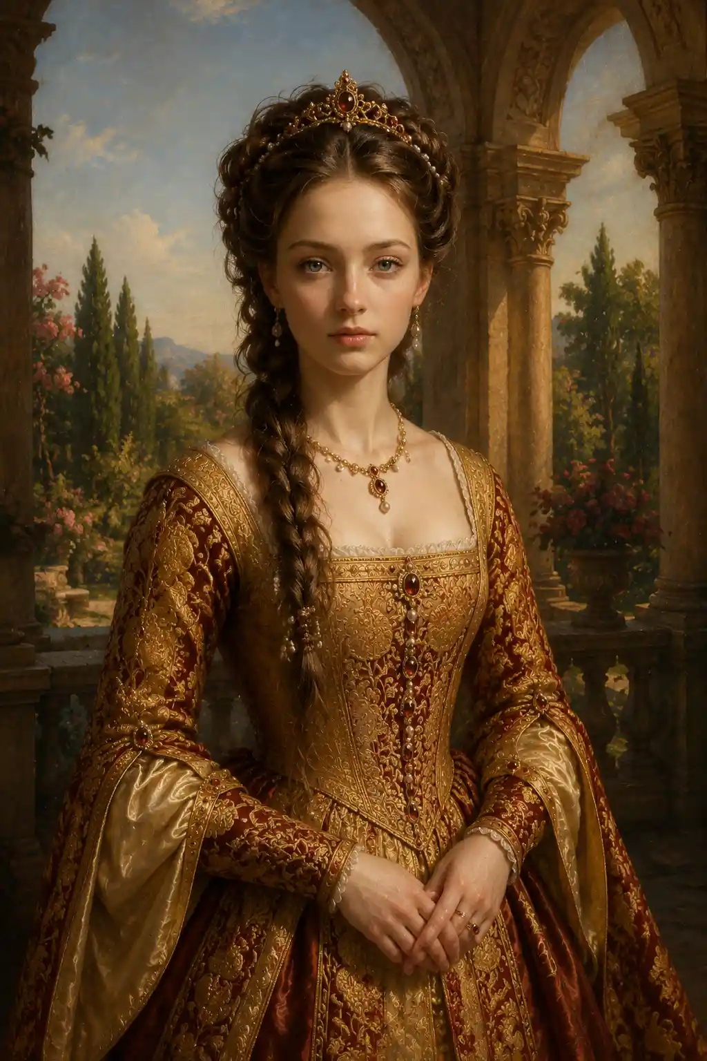 Renaissance portrait of a young girl on a grand terrace