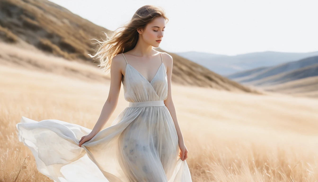 Watercolor girl fading into a white and gold minimal space
