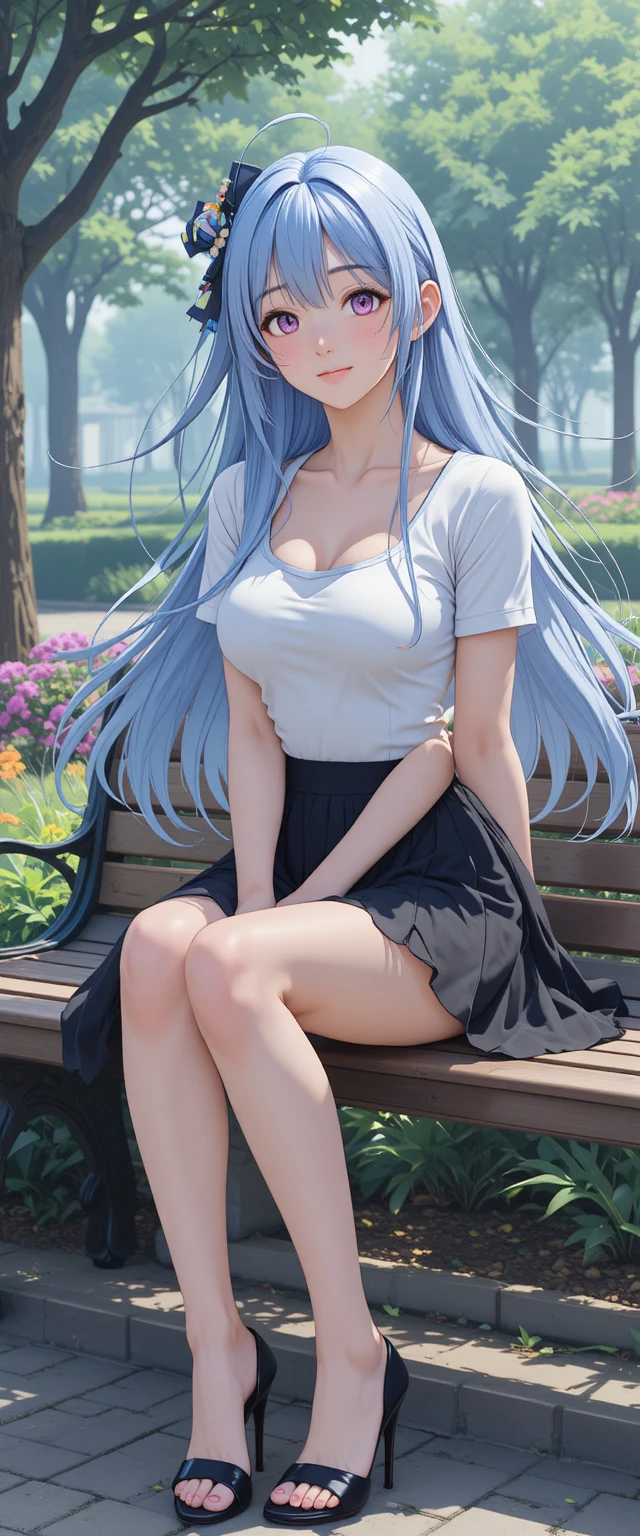 Anime-Mädchen mit blauen Haaren sitzt auf einer Parkbank