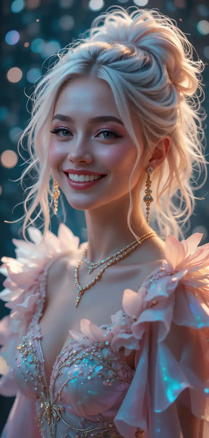 Joyful fantasy woman portrait with glowing pastel bokeh