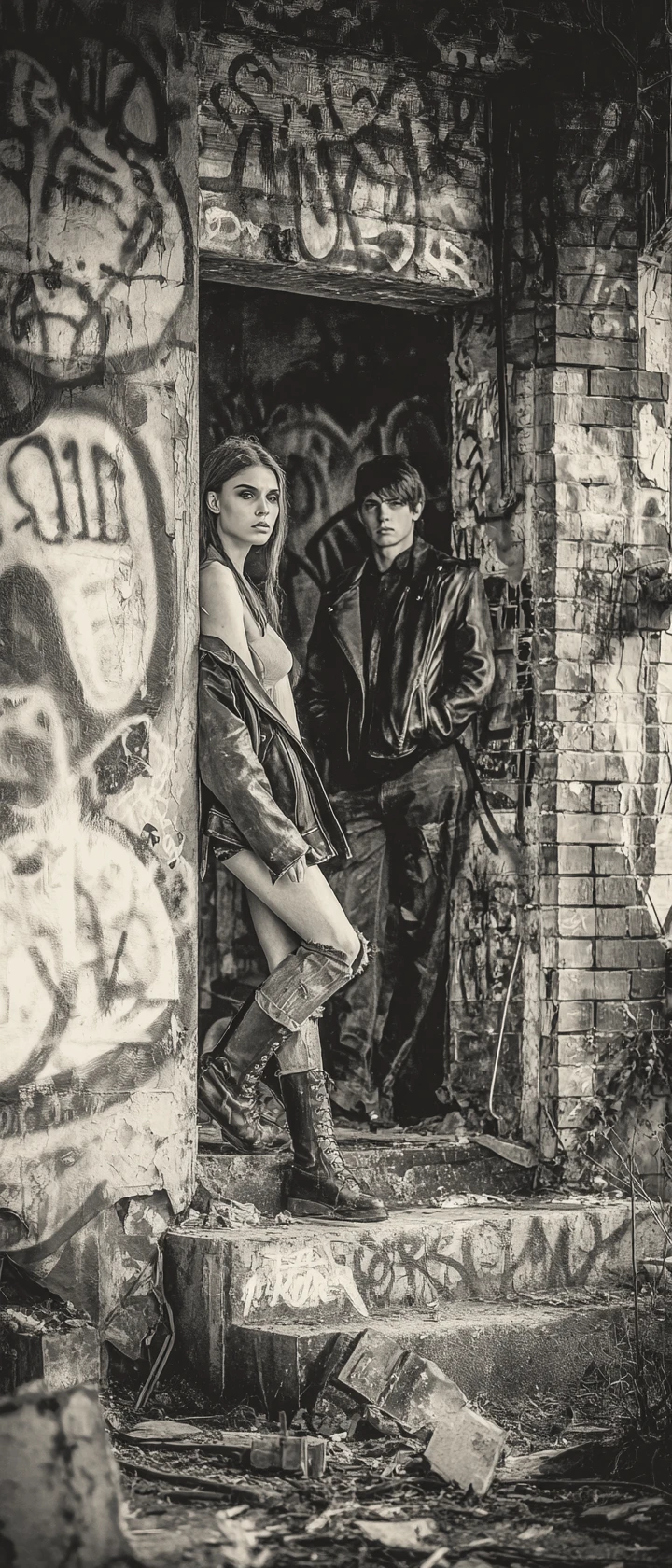 Emaciated couple in front of decaying graffiti covered building
