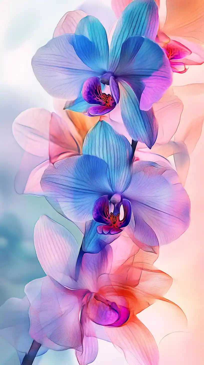 Close up fantasy orchids with airy pastel feather petals