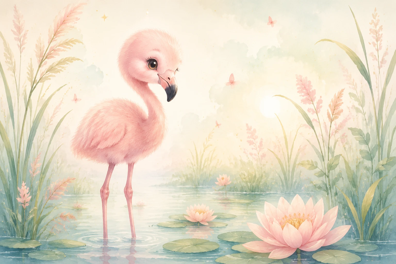 Cute Baby Flamingo In Soft Nursery Wetland Illustration
