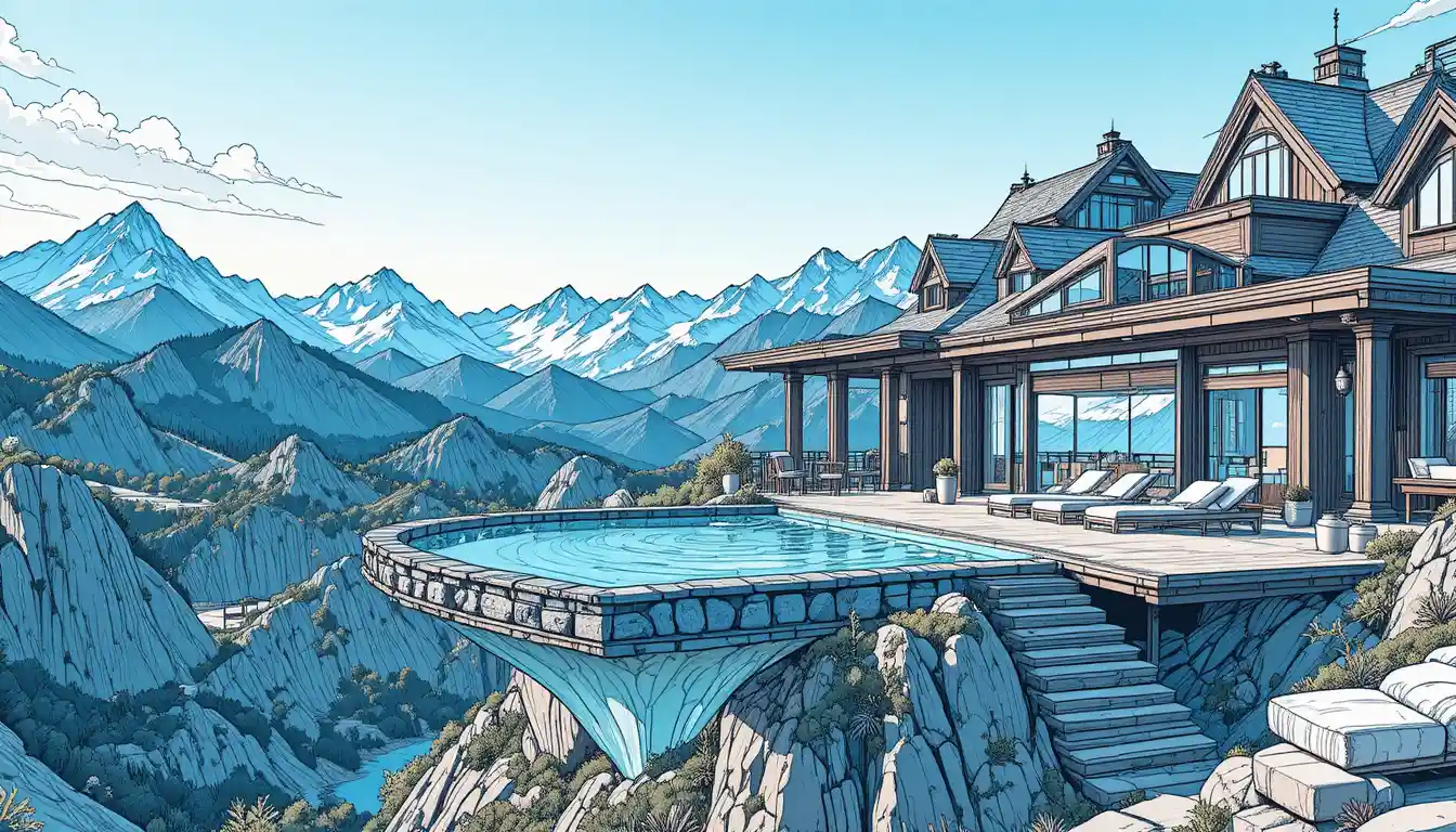 Luxury mountain estate with dramatic rooftop sky pool