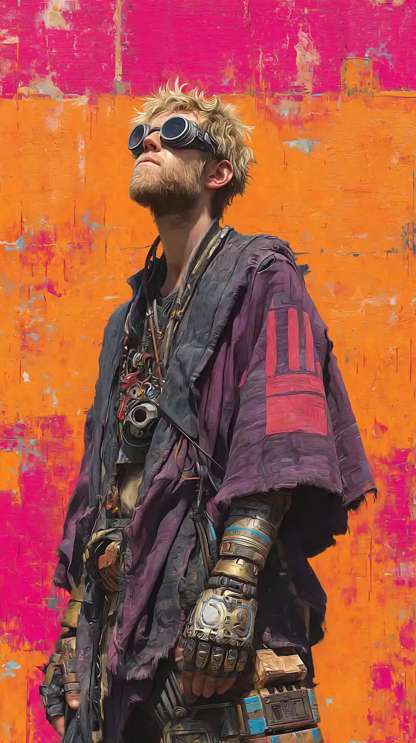 Steampunk survivor with mechanical arm against vivid orange wall