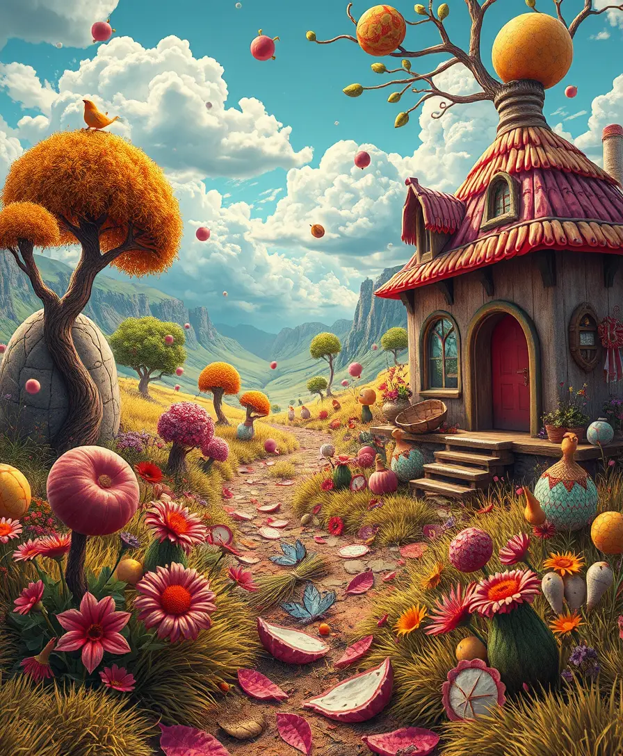 Whimsical popsurreal dreamscape with surreal central figure