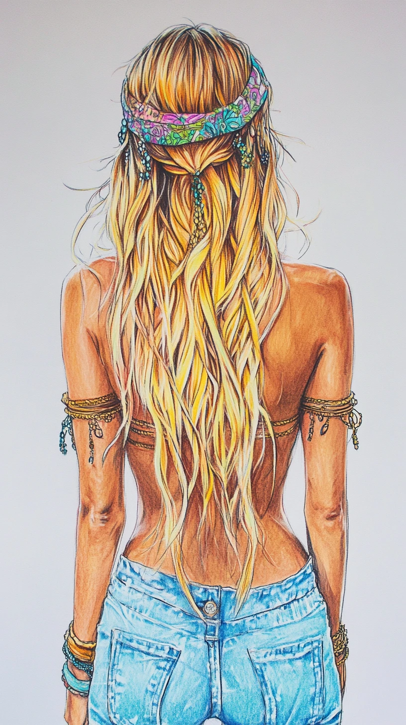 Tall athletic blonde woman in colored pencil illustration