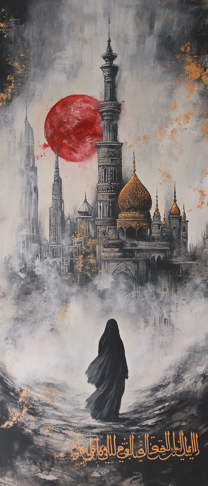 Woman In Burqa Walking Toward Desert Pagoda City
