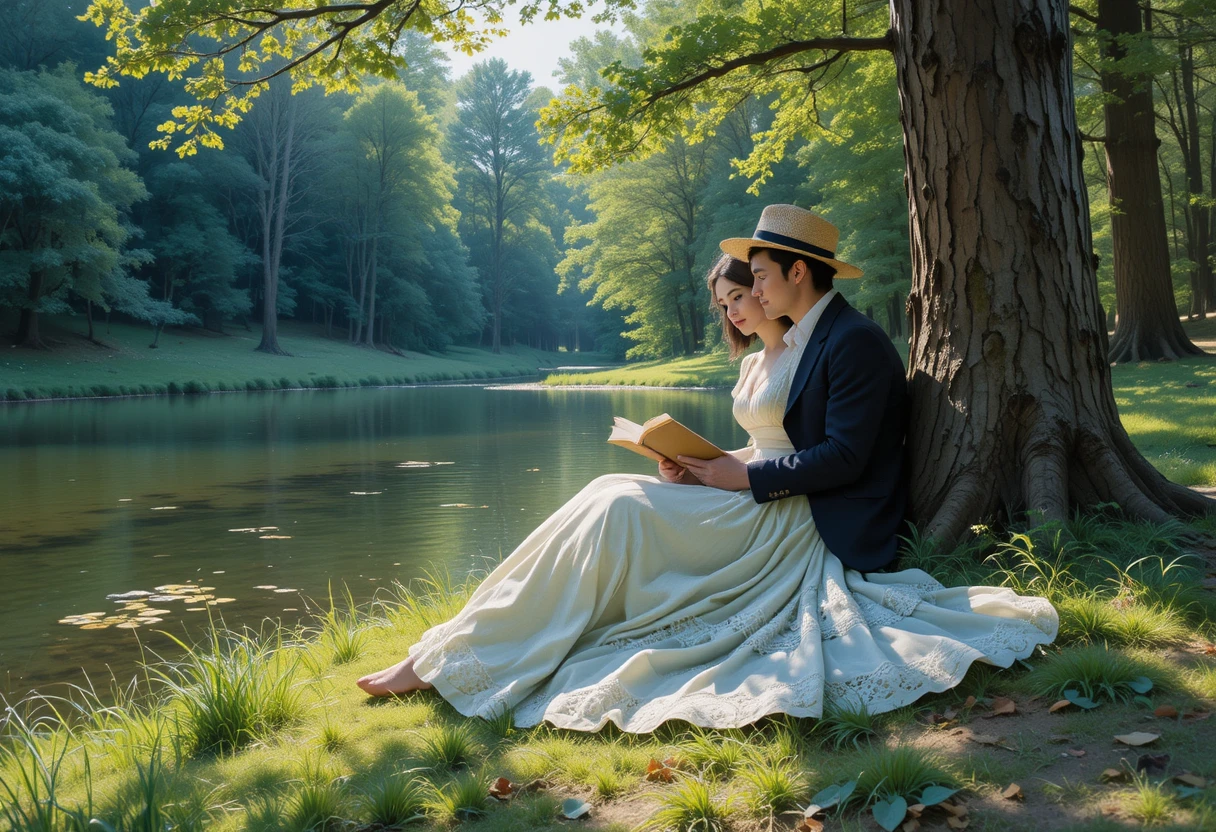 Victorian couple reading by a quiet forest waterbank