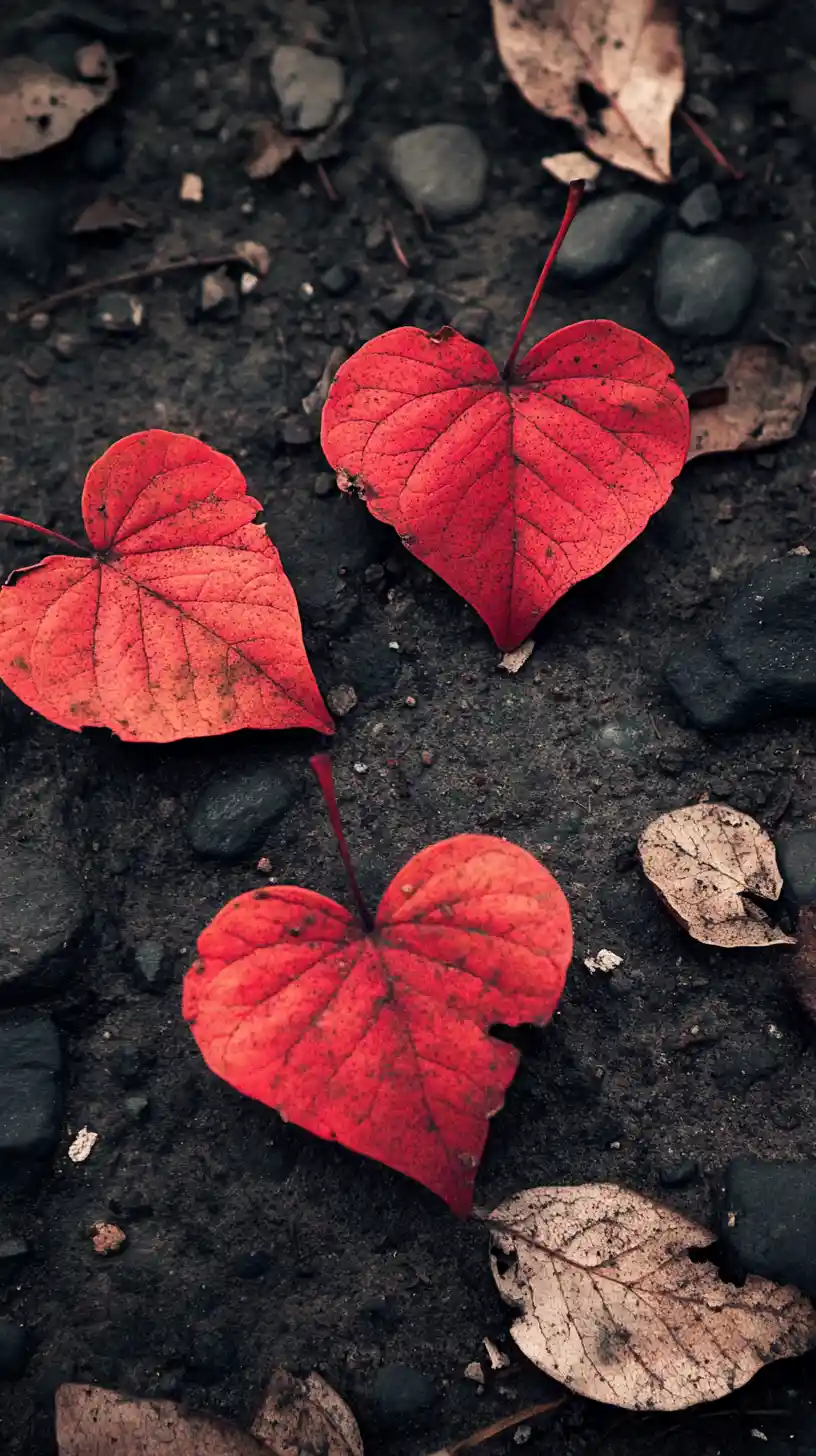 Drei rote Herbstblätter, die stille Herzformen bilden