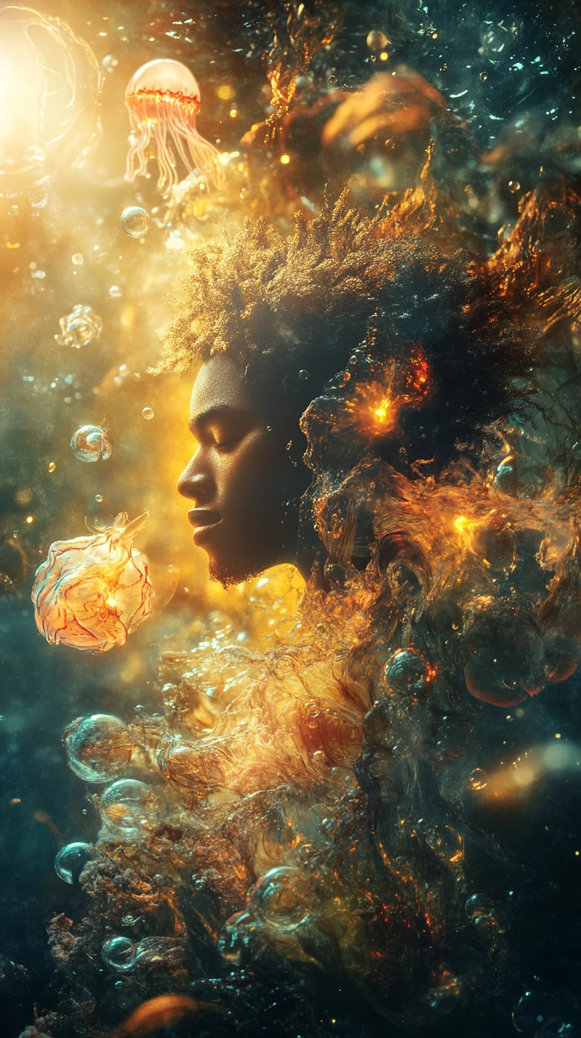 Afrofuturistic water deity rising from a glowing ocean